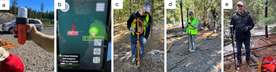 Five-panel sequence of seismic node deployment in forest terrain at Newberry Volcano